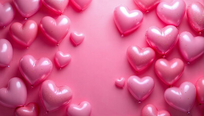 Colorful pink heart balloons scattered on a soft pink background perfect for celebrations and events