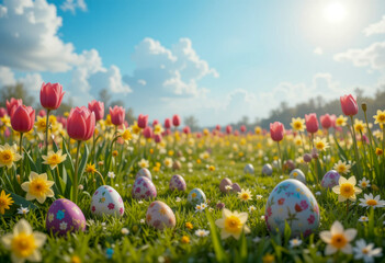Easter eggs scattered in a vibrant spring meadow filled with blooming tulips and daffodils under a bright blue sky