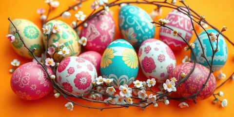 Fototapeta premium A vibrant arrangement of colorful Easter eggs decorated with delicate floral patterns, nestled amongst a delicate bloom of white blossoms on a bright orange backdrop.