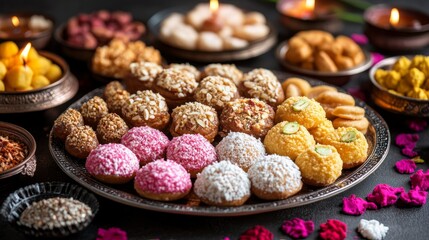 Fototapeta premium Assorted indian sweets with colorful decorations and candlelit ambiance