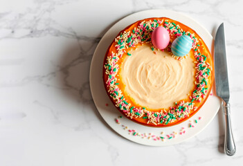 Easter cake with creamy frosting, colorful sprinkles, and decorative pastel eggs, placed on a white plate on a marble surface with a knife nearby