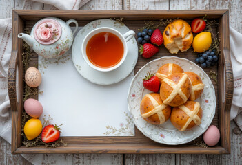 A breakfast tray featuring hot cross buns, fresh strawberries, blueberries, tea in a floral cup, and Easter eggs, set on a rustic wooden surface with a cozy and festive presentation