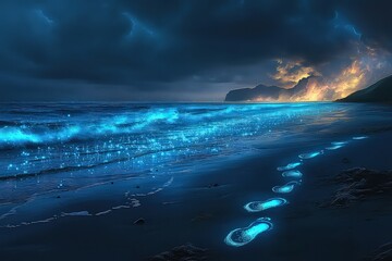 A magical scene of bioluminescent water glowing brightly, with footprints on the beach leading into the glowing waves.