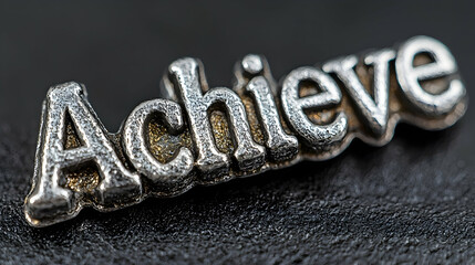 Close-up of metallic 'Achieve' word on dark background, success concept, motivation image