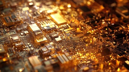Close-up of a golden circuit board, showcasing intricate details and connections.