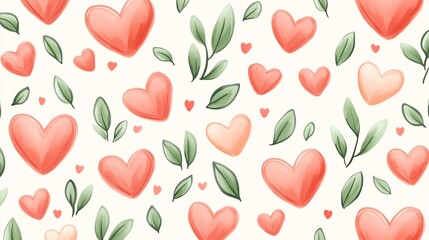 A charming Valentine&rsquo;s Day pattern featuring hand-drawn coral hearts and delicate green leaves on a soft cream background.