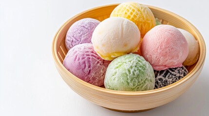 A bowl of colorful mochi ice cream balls, placed on a bamboo tray with a minimalistic white background.