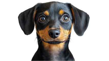 Curious Dachshund Puppy, playful demeanor, simple aesthetic, bright white backdrop, charming and endearing canine character