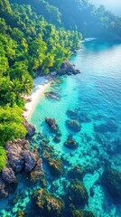 Naklejka premium Aerial Tropical Beach Jungle Coastline Sunrise Ocean View.