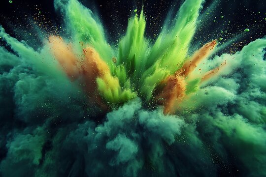 A neon green and coral powder explosion creating a vibrant and playful display of color and motion