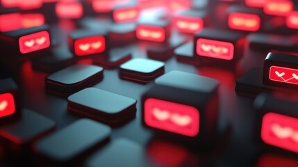 Abstract 3D rendering of glowing red notification icons on dark surface.