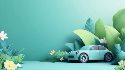 Teal electric car charging surrounded by lush tropical foliage and flowers on a mint green background.