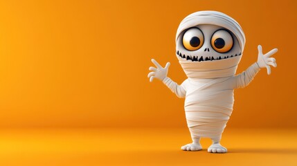 Cute cartoon mummy character on orange background.