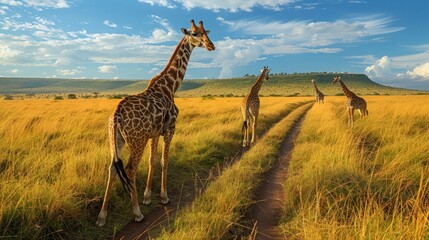 Obraz premium Giraffes on a Dirt Road in African Savanna