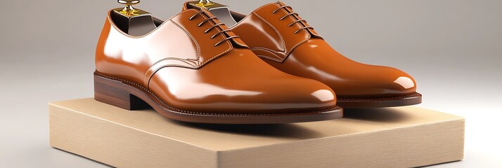 Luxurious fashion mockup of a pair of polished leather brogues in caramel brown arranged on a wooden display stand
