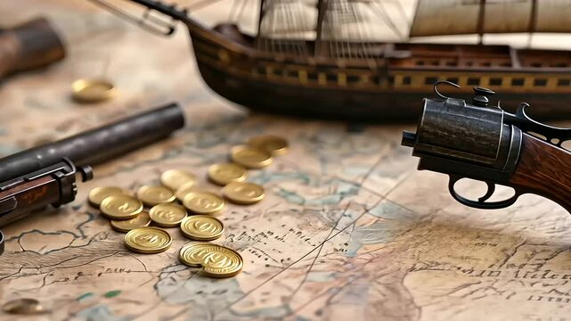 Antique Flintlock Pistol on Pirate Map with Gold Coins and Ship Model