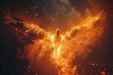 Obraz premium A fiery phoenix rising, symbolizing rebirth and transformation amidst swirling flames and sparks.