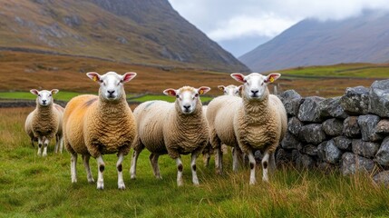 Fototapeta premium A Group of Sheep Standing in a Vibrant Green Meadow Surrounded by Majestic Mountains Under a Cloudy Sky in a Picturesque Rural Landscape