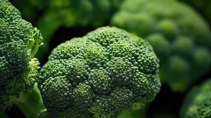 Close-up view of fresh green broccoli florets, showcasing their vibrant color and detailed texture