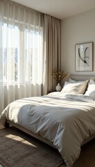 Snow-white bed, vibrant room, sunlight streams in, airy bedroom, fresh