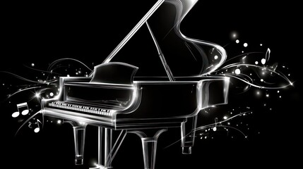 Glowing grand piano with musical notes on black background.