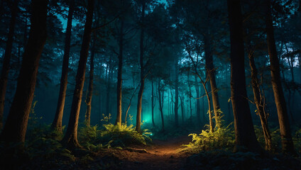 Fototapeta premium Dark forest with lights