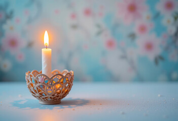 Lit candle in an ornate holder on a pastel blue surface with a soft floral background, creating a calm and serene atmosphere