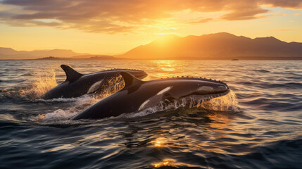 Fototapeta premium Two dolphins playfully leaping in the ocean during a vibrant sunset