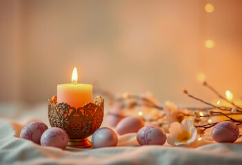 Warm glowing candle in an intricate holder surrounded by pastel decorative eggs, spring flowers, and soft lights on a cozy fabric