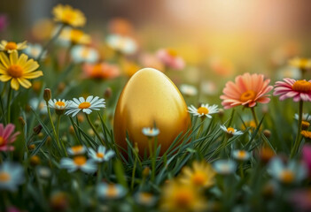 Golden Easter egg nestled among colorful daisies and wildflowers in a lush green meadow, bathed in warm sunlight