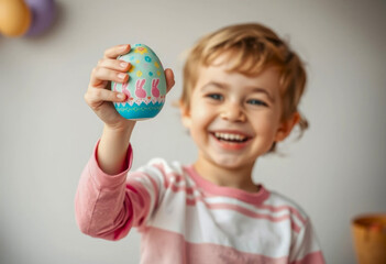 Smiling child holding a decorated Easter egg with bunny and floral patterns, expressing joy and excitement in a festive setting