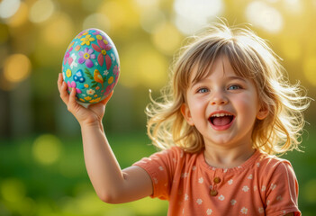 Happy child holding a colorful Easter egg with floral and bird patterns, smiling with excitement in a sunny outdoor setting