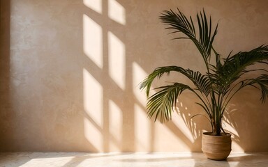 Fototapeta premium luxury summer interior with a palm shadow on a beige plaster wall, creating a boho aesthetic and providing a perfect platform for product placement