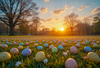 Easter eggs scattered across a grassy field at sunrise, surrounded by blooming flowers and trees in a serene spring setting