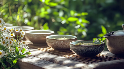A Serene Tea Ceremony Scene with Dried Chamomile and Mint Leaves in Beautiful Ceramic Bowls Surrounded by Tranquil Garden Elements