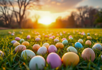 Colorful Easter eggs spread across a grassy field at sunset with warm golden light and a tranquil spring atmosphere