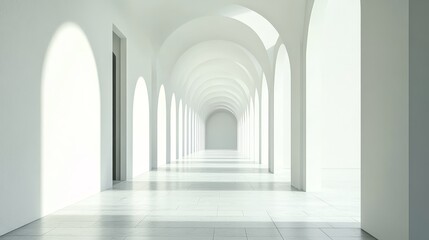 Sunlit white arched hallway with perspective.