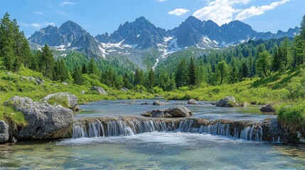 Alpine stream cascading through valley with snow-capped peaks.