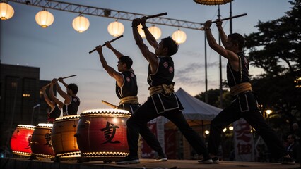 Performers playing traditional Taiko drums during a vibrant festival at dusk, surrounded by glowing lanterns