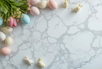 Decorative Easter eggs, spring flowers, and small bunny figurines arranged on a white marble surface with a clean and minimalistic design