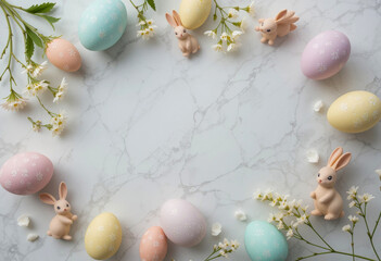 Pastel-colored Easter eggs with floral patterns, bunny figurines, and delicate white flowers arranged on a marble surface for a festive spring composition