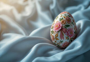 Elegant decorative Easter egg with hand-painted floral patterns resting on soft light blue fabric, creating a serene and artistic spring composition