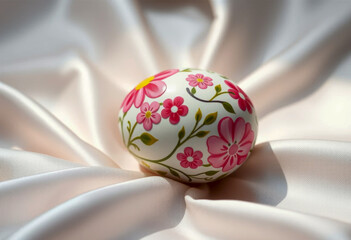 Delicate Easter egg with pink floral patterns and green leaves resting on smooth ivory fabric, creating a soft and elegant spring-inspired composition