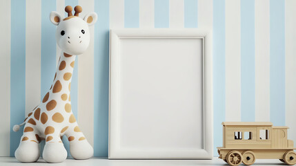 Blank White Picture Frame with Plush Giraffe and Wooden Train in Nursery