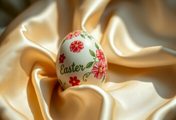 Hand-painted Easter egg with red flowers and green leaves, featuring the word Easter, placed on luxurious golden satin fabric, creating a festive and elegant composition