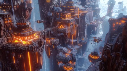 Obraz premium A futuristic cityscape with floating structures and glowing elements amidst a dramatic landscape.