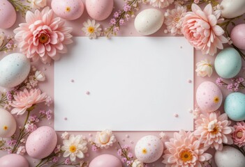 Blank white card surrounded by pastel-colored Easter eggs, pink flowers, and delicate blossoms on a soft pink background, perfect for spring and Easter-themed designs
