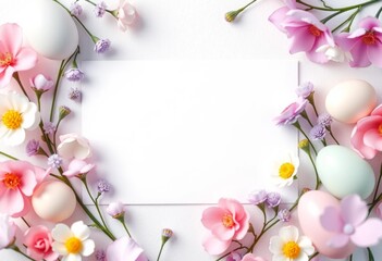 Blank white card surrounded by pastel flowers and Easter eggs on a soft white background, creating a delicate and festive spring-themed composition