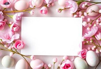 Blank white card surrounded by pastel pink flowers and decorative Easter eggs on a soft textured background