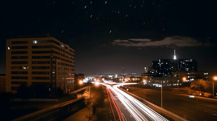 Night cityscape highway light trails, urban buildings, star trails, aerial view